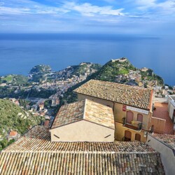View towards Taormina from Castelmola in Sicily, Italy Castelmola