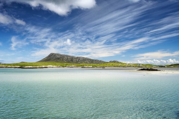 View towards Mount Eaval (North Uist) from Grimsay, Outer Hebrides, Scotland